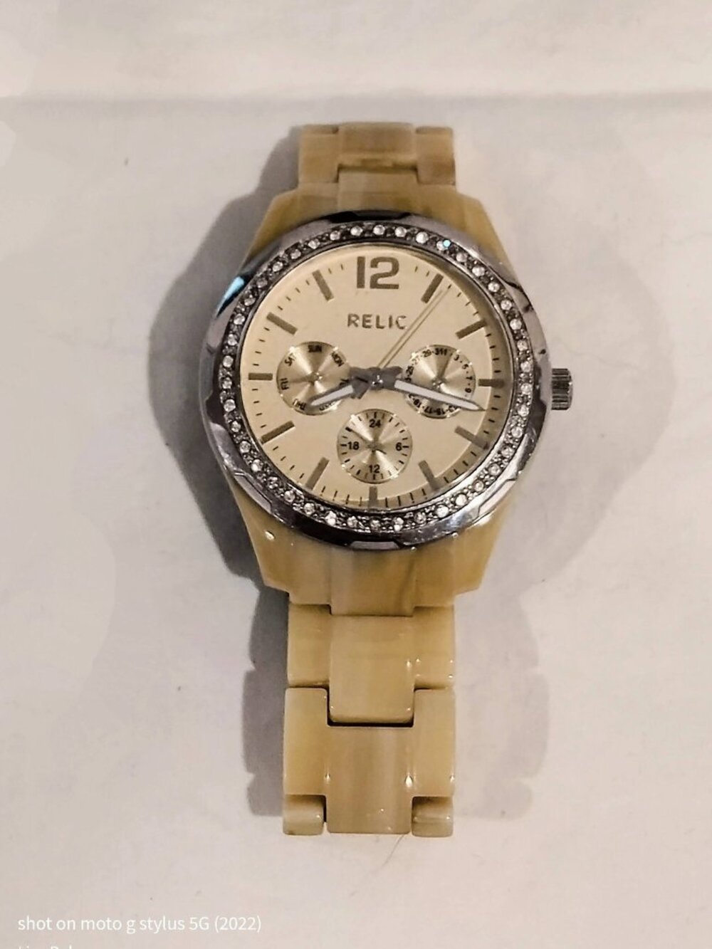 Relic Beige Tortoise Resin Rhinestone Chronograph Watch ZR15590 Gold Dial